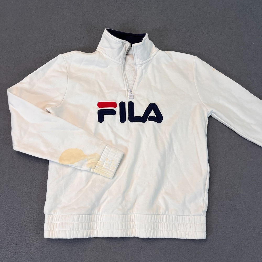 FILA 1/4 Zip Fleece Pullover Sweatshirts Mens Small White Logo Classic Y2K Sport